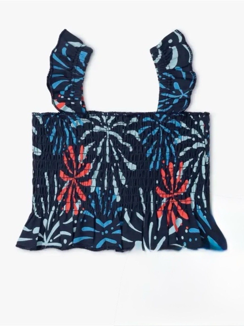 Monica + Andy Smocked Tank Top Navy Ruffle Strap